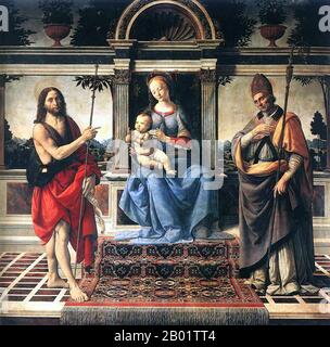 Italia: "Madonna con bambino e santi". Pittura a olio su tavola di Andrea del Verrocchio (1435-1488), c. 1475-1483. Andrea del Verrocchio è stato un pittore, orafo e scultore italiano originario di Firenze. Nato Andrea di Michele Francesco de' Cioni, prese il cognome Verrocchio dal nome del suo maestro, orafo. Pochi dei suoi dipinti sono sopravvissuti, ma la sua bottega ha formato molti pittori famosi, come Lorenzo di credi, Pietro Perugino e Leonardo da Vinci. Foto Stock