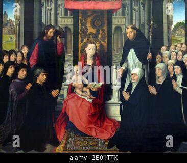 Paesi Bassi/Belgio: "Maria con il bambino e i santi Giacobbe e Domenico che donano regali". Olio su legno di quercia dipinto di Hans Memling (c. 1433-1494), c. 1485-1490. Hans Memling/Memlinc è stato un pittore fiammingo della prima tradizione fiamminga della pittura. Nato nel Medio Reno, ha fatto apprendistato nei Paesi Bassi e ha trascorso del tempo a Bruxelles. Nel 1465 divenne cittadino di Bruges, diventando uno dei principali artisti e maestro di un grande laboratorio. È diventato uno dei cittadini più ricchi della città. Foto Stock