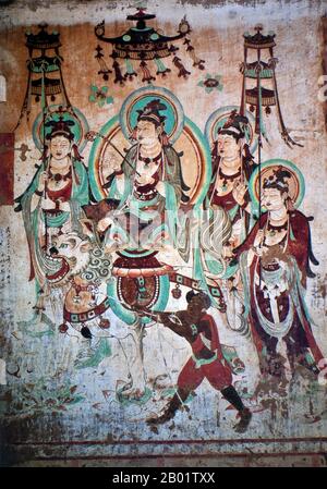 Cina: Manjusri (copia), Cave 25, Yulin Caves, Dinastia Tang (618-907). Le Grotte di Yulin sono un complesso di templi buddisti nella contea di Guazhou, provincia di Gansu, Cina. Il sito si trova a circa 100 km ad est dell'oasi cittadina di Dunhuang e delle Grotte di Mogao. Prende il nome dagli omonimi alberi di olmo che costeggiano il fiume Yulin, che scorre attraverso il sito e separa le due scogliere da cui sono state scavate le grotte. Le quarantadue grotte ospitano circa 250 statue policrome e 4.200 metri quadrati di dipinti murali, che risalgono alla dinastia Tang alla dinastia Yuan (dal VII al XIV secolo). Foto Stock