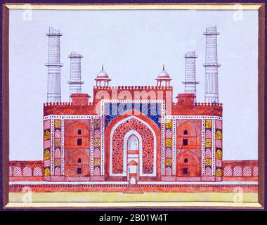 India: Il mausoleo dei primi anni del XVII secolo dell'imperatore moghul Akbar. Pittura ad acquerello della compagnia delle Indie Orientali, c. 1820-1829. La tomba del terzo imperatore moghul Akbar (r. 1556-1605) è un importante capolavoro architettonico moghul, costruito nel 1605-1613 e adagiato su 119 acri di terreno a Sikandra, un sobborgo di Agra, Uttar Pradesh, India. Lo stesso imperatore Akbar iniziò la sua costruzione intorno al 1600, secondo la tradizione dell'Asia centrale per iniziare la costruzione della propria tomba durante la propria vita. Akbar stesso progettò la propria tomba e scelse un sito adatto. E' stato completato da suo figlio. Foto Stock