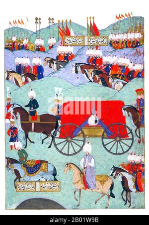 Turchia: Il funerale del sultano Solimano il magnifico (6 novembre 1494 - 6 settembre 1566). Pittura in miniatura ottomana (pannello a sinistra) di Matrakci Nasuh, 1579. Suleyman/Solimano i (r. 1520-1566), noto anche come "Solimano il magnifico" e "Solimano il legislatore", fu il decimo e più lungo sultano regnante dell'impero ottomano. Guidò personalmente i suoi eserciti alla conquista della Transilvania, del Caspio, di gran parte del Medio Oriente e del Maghreb. Suleyman introdusse ampie riforme nella legislazione turca, nell'istruzione, nella tassazione e nel diritto penale, ed era molto rispettato come poeta e orafo. Foto Stock