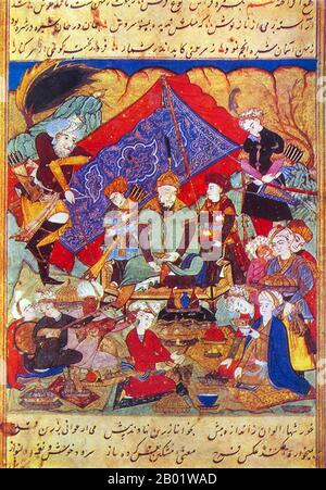 Uzbekistan: La festa dell'Amir Timur a Samarcanda. Miniatura persiana dello "Zafarnama" di Sahruf ad-din Ali Yesdy, 1628. Timur (8 aprile 1336 - 18 febbraio 1405), spesso noto come Tamerlano (da Tīmur-e Lang) in inglese, è stato un conquistatore del XIV secolo dell'Asia occidentale, meridionale e centrale, fondatore dell'Impero timuride e della dinastia timuride (r. 1370-1405) in Asia centrale. Era bisnonno di Babur, il fondatore della dinastia Moghul, che sopravvisse fino al 1857 come Impero Moghul in India. Foto Stock