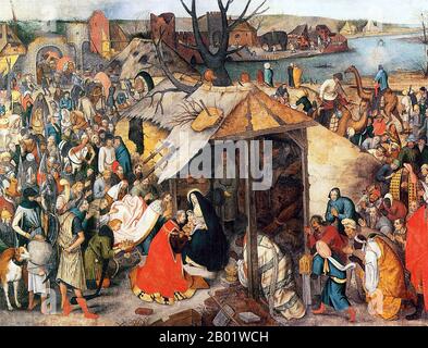 Olanda/Paesi Bassi: "L'Adorazione dei Magi". Tempera su tela dipinto di Pieter Bruegel il Vecchio (1526 - 9 settembre 1569), c. 1556. Pieter Bruegel (Brueghel) il Vecchio era un pittore e incisore fiammingo del Rinascimento noto per i suoi paesaggi e le scene contadine. A volte viene chiamato "contadino Bruegel" per distinguerlo dagli altri membri della dinastia Brueghel, ma è anche quello generalmente inteso quando il contesto non chiarisce a quale Brueghel si riferisca. Dal 1559 lasciò cadere la "h" dal suo nome e firmò i suoi dipinti come Bruegel. Foto Stock