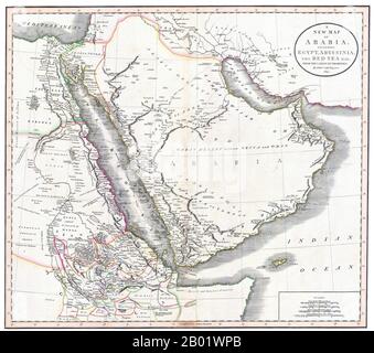 Medio Oriente/Africa orientale: Una nuova mappa di Arabia, Egitto, Abissinia e Mar Rosso. Incisione di John Cary (c. 1754-1835), 1811. John Cary era un cartografo inglese. Cary ha servito il suo apprendistato come incisore a Londra, prima di avviare la propria attività nello Strand nel 1783. Presto si guadagnò una reputazione per le sue mappe e globi, il suo atlas, The New and Correct English Atlas pubblicato nel 1787, diventando un lavoro di riferimento standard in Inghilterra. Nel 1794 Cary fu incaricato dal Postmaster General di ispezionare le strade dell'Inghilterra. Ciò ha portato a Cary's New Itinerary (1798). Foto Stock