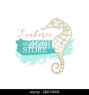 Seahorse vettore sottile linea arte design per negozio di pesce e logo del mercato del pesce. Seahorse in matita dorata schiusa, calligrafia e texture di schizzo su sfondo verde marino o turchese vernice colpo Illustrazione Vettoriale