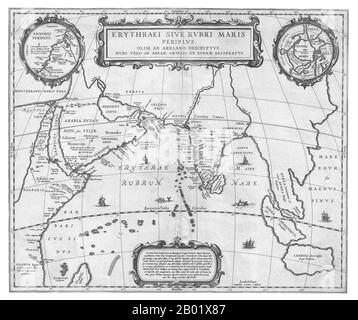 Paesi Bassi/Olanda: Mappa dell'Oceano Indiano nell'antichità basata sul Periplus del Mare di Erythrean. Pubblicato da Jan Jansson (1588-1664), Amsterdam, 1658. Il Periplus del Mar Eritreo o Periplus del Mar Rosso è un periplus greco-romano, scritto in greco, che descrive le opportunità di navigazione e di commercio dai porti romani egiziani come Berenice lungo la costa del Mar Rosso, e altri lungo l'Africa nord-orientale e il subcontinente indiano. Il testo è stato attribuito a date diverse tra il i e il III secolo d.C., ma una data della metà del i secolo è ora la più comunemente accettata. Foto Stock