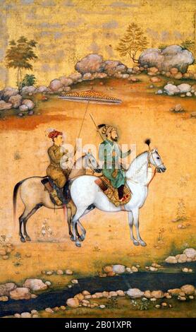 India: L'imperatore moghul Shah Jahan (1592-1666) e suo figlio maggiore Dara Shikoh a cavallo. Pittura in miniatura di Govardhan, c. 1638. Shahab-ud-din Muhammad Khurram Shah Jahan i, o Shah Jahan, dal persiano che significa "re del mondo", fu il quinto sovrano mughal in India e uno dei preferiti del suo leggendario nonno Akbar il grande. È noto soprattutto per aver commissionato il «Phadshahnamah» come cronaca del suo regno, e per la costruzione del Taj Mahal ad Agra come tomba per sua moglie, Mumtaz Mahal. Sotto Shah Jahan, l'Impero Moghul raggiunse la sua più alta unione di forza e magnificenza. Foto Stock