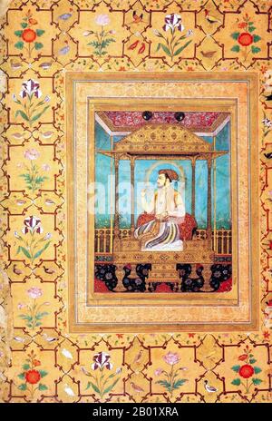 India: Il V imperatore moghul Shah Jahan (1592-1666) sedeva sul trono di pavone. Gouache dipinto di Govardhan, c. 1635. Shahab-ud-din Muhammad Khurram Shah Jahan i, o Shah Jahan, dal persiano che significa "re del mondo", fu il quinto sovrano mughal in India e uno dei preferiti del suo leggendario nonno Akbar il grande. È noto soprattutto per aver commissionato il «Phadshahnamah» come cronaca del suo regno, e per la costruzione del Taj Mahal ad Agra come tomba per sua moglie, Mumtaz Mahal. Sotto Shah Jahan, l'Impero Moghul raggiunse la sua più alta unione di forza e magnificenza. Foto Stock