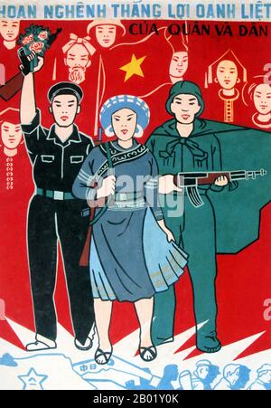 Vietnam: Manifesto di propaganda comunista - "Un caloroso benvenuto per l'esercito vittorioso e il popolo”. La seconda guerra d'Indocina, nota in America come guerra del Vietnam, fu un conflitto militare dell'era della guerra fredda che si verificò in Vietnam, Laos e Cambogia dal 1° novembre 1955 alla caduta di Saigon il 30 aprile 1975. Questa guerra seguì la prima guerra d'Indocina e fu combattuta tra il Vietnam del Nord, sostenuto dai suoi alleati comunisti, e il governo del Vietnam del Sud, sostenuto dagli Stati Uniti e da altre nazioni anti-comuniste. Foto Stock