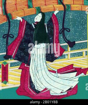 Giappone: Sei Shonagon (c. 966-1017), autrice e signora di corte dell'era Heian centrale, meglio conosciuta come l'autrice del Libro del cuscino ('Makura no Soshi'). Ukiyo-e xilografia di Utagawa Yoshitora, 1872. Sei Shonagon era una scrittrice giapponese e una signora di corte che servì l'imperatrice Teishi (imperatrice Sadako) intorno all'anno 1000 durante il periodo Heian medio, ed è meglio conosciuta come l'autrice del Libro del cuscino. Ha raggiunto la fama attraverso il suo lavoro The Pillow Book, una raccolta di liste, pettegolezzi, poesie, osservazioni, lamentele e qualsiasi altra cosa che ha trovato di interesse durante i suoi anni in tribunale. Foto Stock