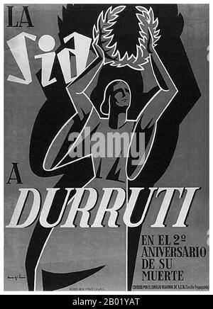 Spagna: Ritratto di Buenaventura Durruti (14 luglio 1896 - 20 novembre 1936), anarco-sindacalista, in occasione del secondo anniversario della sua morte, 1938. José Buenaventura Durruti Dumange fu una figura centrale dell'anarchismo spagnolo durante il periodo che portò alla guerra civile spagnola. L'anarchismo ha storicamente guadagnato più sostegno e influenza in Spagna che altrove, specialmente prima della vittoria di Francisco Franco nella guerra civile spagnola del 1936-1939. Foto Stock