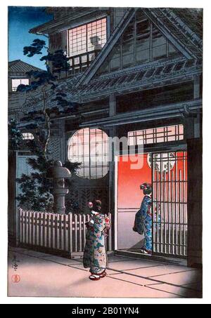 Giappone: Una casa da tè di notte con assistenti. Shin-hanga Woodblock print di Tsuchiya Koitsu (1870-1949), 1935. Tsuchiya Koitsu era un artista del movimento Shin Hanga. Shin hanga ("nuove stampe") è stato un movimento artistico del Giappone all'inizio del XX secolo, durante i periodi Taishō e Shōwa, che rivitalizzò l'arte tradizionale ukiyo-e radicata nei periodi Edo e Meiji (XVII-XIX secolo). Il movimento fiorì tra il 1915 e il 1942, anche se riprese brevemente dal 1946 fino agli anni 1950 Foto Stock