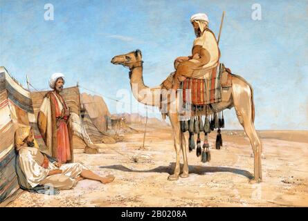 Arabia/Regno Unito: "Un accampamento beduino". Acquerello di John Frederick Lewis (1804-1876), c. 1841-1851. I beduini fanno parte di un gruppo etnico arabo che abita prevalentemente nel deserto tradizionalmente diviso in tribù, o clan, conosciuti in arabo come ʿašāʾir. Il termine "beduino" deriva da una forma plurale della parola araba badawī, in quanto è pronunciata nei dialetti colloquiali. Il termine arabo badawī deriva dalla parola bādiyah, che significa deserto semiarido (al contrario di ṣaḥarāʾ che significa deserto). Foto Stock