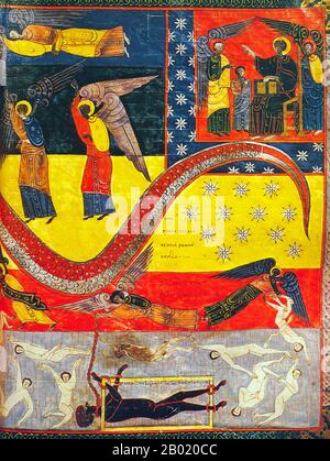 Spagna: La donna e il Drago (recto), il diavolo incatenato all’inferno. Illuminazione dalla versione Beatus of León dell'Apocalisse di Facundus, 1047 d.C. Il Beato di León è un manoscritto miniato dell'XI secolo del commentario dell'Apocalisse di Beato di Liébana (VIII secolo). Il manoscritto fu realizzato per re Ferdinando 1 (1015-1065) e per la regina Sancha di León. Contiene 98 miniature dipinte da Facundus. L'Apocalisse di Giovanni è il Libro dell'Apocalisse, l'ultimo libro del nuovo Testamento. Foto Stock