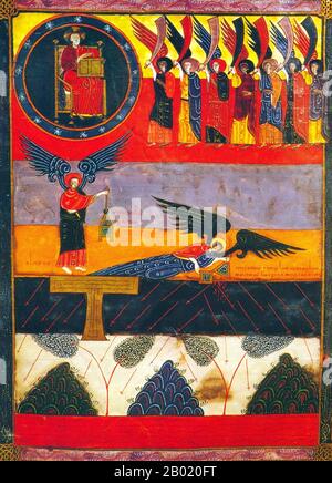 Spagna: L'angelo e il censore d'oro. Miniatura dalla versione Beato di León dell'Apocalisse di Facundus, 1047 d.C. Il Beato di León è un manoscritto miniato dell'XI secolo del commentario dell'Apocalisse di Beato di Liébana. Il manoscritto fu realizzato per re Ferdinando 1 (1015-1065) e per la regina Sancha di León. Contiene 98 miniature dipinte da Facundus. L'Apocalisse di Giovanni è il Libro dell'Apocalisse, l'ultimo libro del nuovo Testamento. Foto Stock