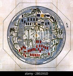 Corea: Atlante del mondo ('CH'ŏnha chido') che mostra la Cina, il 'Regno di mezzo', come il centro del mondo, XVII secolo questo CH'ŏnha chido ('Mappa di tutto sotto il cielo') fu prodotto in Corea nel XVII secolo, una copia di un atlante tradizionale coreano prodotto nella prima dinastia Choson (1392-1910). La struttura della mappa è semplice. Un continente principale, contenente Cina, Corea e un certo numero di paesi storicamente conosciuti, occupa il centro della mappa circolare, circondato da un anello marino che è a sua volta circondato da un anello esterno di terra. Foto Stock