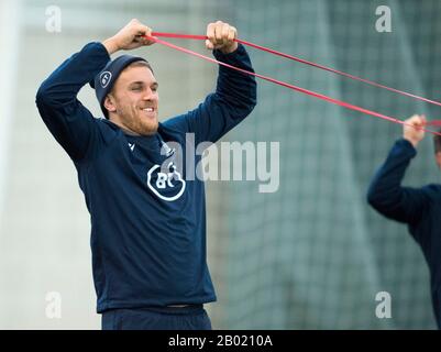 Oriam Sports Center, Campus Riccarton Della Heriot-Watt University, Edimburgo: 18th Febbraio 2020. Scozia rugby sessione di formazione prima della loro partita di Guinness Six Nations contro l'Italia a Roma. Chris Harris Della Scozia. Merito: Ian Rutherford/Alamy Live News Foto Stock