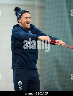 Oriam Sports Center, Campus Riccarton Della Heriot-Watt University, Edimburgo: 18th Febbraio 2020. Scozia rugby sessione di formazione prima della loro partita di Guinness Six Nations contro l'Italia a Roma. Chris Harris Della Scozia. Merito: Ian Rutherford/Alamy Live News Foto Stock