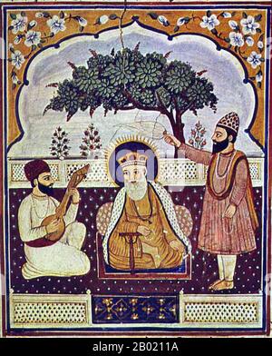 India: Guru Nanak Dev (15 aprile 1469 - 22 settembre 1539), Mardana e Bala. Pannello murale del Bairagi Thakurdwara a RAM Tatwali, Hoshiarpur, XIX secolo. Guru Nanak fu il fondatore della religione sikhista e il primo di dieci Sikh Gurus. I Sikh credono che tutti i successivi Guru possedessero la divinità e l'autorità religiosa del Guru Nanak. Foto Stock