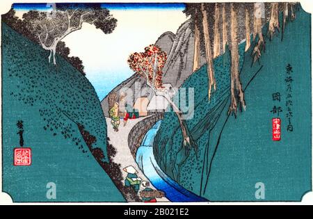 Giappone: 'Stazione Fifteen: Neve serale a Kanbara'. Ukiyo-e xilografia della serie '53 stazioni della strada Tôkaidô' di Utagawa Hiroshige (1797-1858), 1834 circa. Kambara: Un villaggio di montagna al calar della notte sotto la neve profonda, attraverso il quale tre persone si stanno affaticando, una con la testa sepolta in un ombrello mezzo aperto. Foto Stock