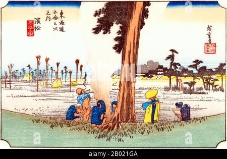 Giappone: 'Stazione Fifteen: Neve serale a Kanbara'. Ukiyo-e xilografia della serie '53 stazioni della strada Tôkaidô' di Utagawa Hiroshige (1797-1858), 1834 circa. Kambara: Un villaggio di montagna al calar della notte sotto la neve profonda, attraverso il quale tre persone si stanno affaticando, una con la testa sepolta in un ombrello mezzo aperto. Foto Stock