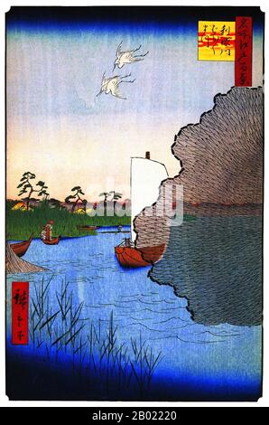 Giappone: Higashi-Kasai: Pini sparsi sul fiume Tone. Immagine 71 della parte 2 (estate) di "100 viste famose di Edo". Ukiyo-e Woodblock print di Utagawa Hiroshige (1797-1858), c. 1856-1859. Le cento viste famose di Edo di Hiroshige, in realtà composte da 118 paesaggi in legno e scene di genere della Tokyo della metà del XIX secolo, sono una delle più grandi conquiste dell'arte giapponese. La serie include molte delle stampe più famose di Hiroshige. Rappresenta una celebrazione dello stile e del mondo della fioritura culturale più bella del Giappone alla fine dello Shogunato Tokugawa. Foto Stock
