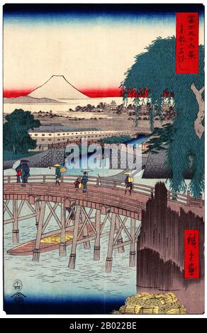 Trentasei Viste del Monte Fuji (in giapponese: 富士三十六景; Fuji Sanjū-Rokkei) è il titolo di due serie di stampe in legno realizzate dall'artista giapponese ukiyo-e Andō Hiroshige, raffiguranti il Monte Fuji in diverse stagioni e condizioni meteorologiche da una varietà di luoghi e distanze differenti. La serie 1852 è orientata in orizzontale; la serie 1858 è orientata in verticale. Utagawa Hiroshige (歌川 広重, 1797 – 12 ottobre 1858) è stato un . È stato anche chiamato Andō Hiroshige (安藤 広重) (una combinazione irregolare di nome di famiglia e. Foto Stock