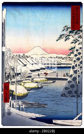 Trentasei Viste del Monte Fuji (in giapponese: 富士三十六景; Fuji Sanjū-Rokkei) è il titolo di due serie di stampe in legno realizzate dall'artista giapponese ukiyo-e Andō Hiroshige, raffiguranti il Monte Fuji in diverse stagioni e condizioni meteorologiche da una varietà di luoghi e distanze differenti. La serie 1852 è orientata in orizzontale; la serie 1858 è orientata in verticale. Utagawa Hiroshige (歌川 広重, 1797 – 12 ottobre 1858) è stato un . È stato anche chiamato Andō Hiroshige (安藤 広重) (una combinazione irregolare di nome di famiglia e. Foto Stock