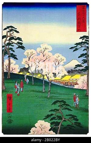 Trentasei Viste del Monte Fuji (in giapponese: 富士三十六景; Fuji Sanjū-Rokkei) è il titolo di due serie di stampe in legno realizzate dall'artista giapponese ukiyo-e Andō Hiroshige, raffiguranti il Monte Fuji in diverse stagioni e condizioni meteorologiche da una varietà di luoghi e distanze differenti. La serie 1852 è orientata in orizzontale; la serie 1858 è orientata in verticale. Utagawa Hiroshige (歌川 広重, 1797 – 12 ottobre 1858) è stato un . È stato anche chiamato Andō Hiroshige (安藤 広重) (una combinazione irregolare di nome di famiglia e. Foto Stock