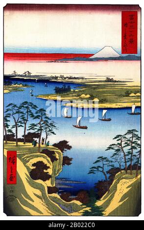 Trentasei Viste del Monte Fuji (in giapponese: 富士三十六景; Fuji Sanjū-Rokkei) è il titolo di due serie di stampe in legno realizzate dall'artista giapponese ukiyo-e Andō Hiroshige, raffiguranti il Monte Fuji in diverse stagioni e condizioni meteorologiche da una varietà di luoghi e distanze differenti. La serie 1852 è orientata in orizzontale; la serie 1858 è orientata in verticale. Utagawa Hiroshige (歌川 広重, 1797 – 12 ottobre 1858) è stato un . È stato anche chiamato Andō Hiroshige (安藤 広重) (una combinazione irregolare di nome di famiglia e. Foto Stock