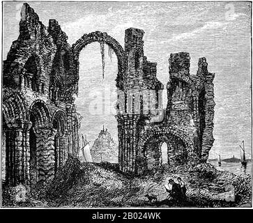 Inghilterra/Regno Unito: Le rovine del Priorato di Lindisfarne c. 1850. Anon., da C. Arthur Lane, "Illustrated Notes on English Church History", 1901. Il monastero di Lindisfarne fu fondato dal monaco irlandese Sant'Aidan, che era stato inviato da Iona al largo della costa occidentale della Scozia in Northumbria su richiesta di re Oswald intorno al 635. Divenne la base per l'evangelizzazione cristiana nel nord dell'Inghilterra e inviò anche una missione di successo in Mercia. I monaci della comunità di Iona si stabilirono sull'isola. Il santo patrono di Northumberland, San Cuthbert, fu un monaco e successivamente abate del monastero. Foto Stock