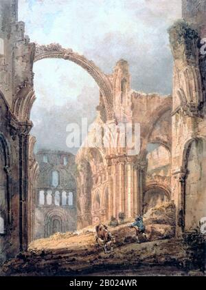 Inghilterra/Regno Unito: Interno del Priorato di Lindisfarne. Acquerello di Thomas Girtin (1775-1802), 1797. Il monastero di Lindisfarne fu fondato dal monaco irlandese Sant'Aidan, che era stato inviato da Iona al largo della costa occidentale della Scozia in Northumbria su richiesta di re Oswald intorno al 635. Divenne la base per l'evangelizzazione cristiana nel nord dell'Inghilterra e inviò anche una missione di successo in Mercia. I monaci della comunità di Iona si stabilirono sull'isola. Il santo patrono di Northumberland, San Cuthbert, fu un monaco e successivamente abate del monastero. Foto Stock