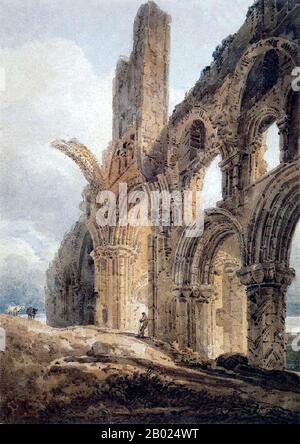 Inghilterra/Regno Unito: Le rovine del Priorato di Lindisfarne. Acquerello di Thomas Girtin (1775-1802), 1798. Il monastero di Lindisfarne fu fondato dal monaco irlandese Sant'Aidan, che era stato inviato da Iona al largo della costa occidentale della Scozia in Northumbria su richiesta di re Oswald intorno al 635. Divenne la base per l'evangelizzazione cristiana nel nord dell'Inghilterra e inviò anche una missione di successo in Mercia. I monaci della comunità di Iona si stabilirono sull'isola. Il santo patrono di Northumberland, San Cuthbert, fu un monaco e successivamente abate del monastero. Foto Stock