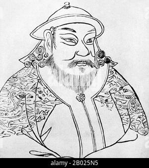 Mongolia/Cina: Kublai Khan (23 settembre 1215 - 18 febbraio 1294), V Khagan dell'Impero mongolo. Fondatore e primo imperatore Yuan Shizu. Disegno dello schizzo, 1903. Kublai (o Khubilai) Khan fu il quinto Gran Khan dell'Impero mongolo dal 1260 al 1294 e il fondatore della dinastia Yuan in Asia orientale. Come secondo figlio di Tolui e Sorghaghtani Beki e nipote di Gengis Khan, rivendicò il titolo di Khagan dell'Ikh Mongol ULS (Impero mongolo). Nel 1271, Kublai fondò la dinastia Yuan, che a quel tempo governava l'attuale Mongolia, Tibet, Turkestan orientale e zone della Cina. Foto Stock