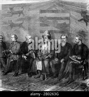 Tanzania/Zanzibar: Sayyid Barghash bin Said al-Busaid (1837 - 26 marzo 1888), sultano di Zanzibar, negoziò con l'ufficiale coloniale britannico Sir Bartle Frere a Zanzibar. Incisione, 1872. Sayyid Barghash bin Said al-Busaid, GCMG, GCTE, era il secondo sultano di Zanzibar. Governò Zanzibar dal 7 ottobre 1870 al 26 marzo 1888. Barghash è accreditato di aver costruito gran parte delle infrastrutture di Stone Town, tra cui acqua di condutture, bagni pubblici, una forza di polizia, strade, parchi, ospedali e grandi edifici amministrativi come la Bait el-Ajaib (Casa delle meraviglie). Foto Stock