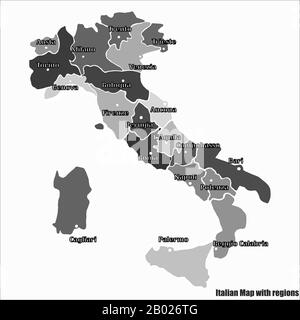 Mappa d'Italia immagine grafica brillante. Disegno fatto a mano con mappa. Mappa Italia con le principali città e regioni italiane. Illustrazione luminosa Foto Stock