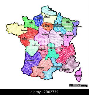Mappa di Francia immagine grafica brillante. Disegno fatto a mano. Illustrazione colorata. Foto Stock