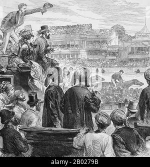 Tanzania/Zanzibar: Sultan Sayyid Sir Barghash bin Said al-Busaid (1837 - 26 marzo 1888) assiste alle corse di cavalli ad Ascot, Inghilterra. Incisione per The Illustrated London News, 19 giugno 1875. Sayyid Barghash bin Said al-Busaid, GCMG, GCTE, figlio di Said bin Sultan, fu il secondo sultano di Zanzibar. Barghash governò Zanzibar dal 7 ottobre 1870 al 26 marzo 1888. Barghash è accreditato di aver costruito gran parte delle infrastrutture di Stone Town, tra cui acqua di condutture, bagni pubblici, una forza di polizia, strade, parchi, ospedali e grandi edifici amministrativi come la Bait el-Ajaib (Casa delle meraviglie). Foto Stock