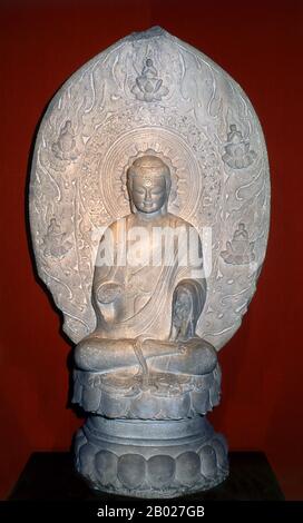 Cina: Pietra Sakyamuni Buddha, dinastia Qi settentrionale (550-577 d.C.), Museo di Shanghai. Siddhārtha Gautama (Pali: Siddhattha Gotama) è stato un insegnante spirituale dell'antica India che ha fondato il buddismo. Nella maggior parte delle tradizioni buddiste, è considerato il Buddha Supremo (P. sammāsambuddha, S. samyaksaṃbuddha) della nostra epoca, "Buddha" che significa "risvegliato" o "illuminato". L'ora della sua nascita e della sua morte sono incerti: La maggior parte degli storici dell'inizio del XX secolo datano la sua vita intorno al 563 a.C. al 483 a.C., ma l'opinione più recente data la sua morte tra il 486 e il 483 a.C. o tra il 411 e il 400 a.C. Foto Stock
