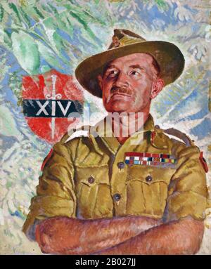 Birmania/Myanmar: Feldmaresciallo William Joseph 'Bill' Slim (6 agosto 1891 - 14 dicembre 1970), comandante della XIV Armata nella campagna birmana contro il Giappone imperiale (1942-1945). Pittura a olio su tela, c. 1945. Il feldmaresciallo William Joseph 'Bill' Slim, i visconte Slim KG GCB GCMG GCVO GBE DSO MC KS era un comandante militare britannico e il tredicesimo governatore generale dell'Australia. Combatté sia nella prima che nella seconda guerra mondiale e fu ferito in azione tre volte. Durante la seconda guerra mondiale guidò la XIV Armata, il cosiddetto "esercito dimenticato" nella campagna birmana. Foto Stock