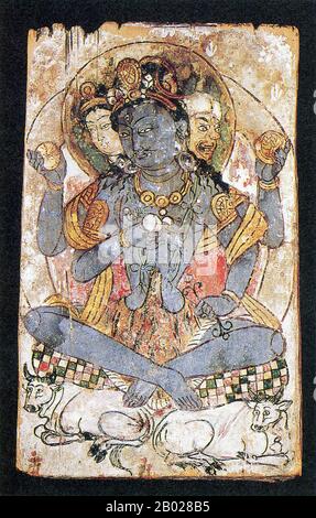 Cina: Pittura di pannelli in legno dal dandan Oilik che si crede rappresenti il Dio indù Shiva, vi-VIII secolo d.C. Dandan Oilik è una città storica deserta e un'oasi nel deserto di Taklamakan nello Xinjiang, Cina. Dandan Oilik era un importante (anche se piccolo) centro del buddismo locale e del commercio sulla via della seta. Il suo nome significa "Case d'Avorio" ed è stato il sito di un piccolo numero di importanti reperti archeologici. Essendo stata abbandonata centinaia di anni fa, l'oasi è stata ritrovata e persa a causa delle sabbie del deserto spostate più volte. Foto Stock