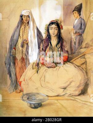 Francia/Iran: "Principessa persiana". Acquerello di Jean-Paul Laurens (28 marzo 1838 - 23 marzo 1921), fine XIX secolo. Jean-Paul Laurens è stato un pittore e scultore francese, e uno degli ultimi grandi esponenti dello stile accademico francese. Nato a Fourquevaux, fu allievo di Léon Cogniet e Alexandre Bida. Fortemente anticlericale e repubblicano, il suo lavoro era spesso su temi storici e religiosi, attraverso i quali cercò di trasmettere un messaggio di opposizione all'oppressione monarchica e clericale. La sua erudizione e la sua padronanza tecnica erano molto ammirati nel suo tempo. Foto Stock