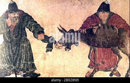 Asia centrale: Due uomini lottano per spostare un mulo testardo. Pittura in miniatura, scuola Siyah Kalem, XV secolo. Siyah Kalem o 'penna Nera' è il nome dato alla scuola di pittura del XV secolo attribuita a Mehmed Siyah Kalem. Non si sa nulla della sua vita, ma il suo lavoro indica che era di origine turca dell'Asia centrale, e aveva una profonda familiarità con la vita militare e del campo. I dipinti appaiono negli "album del Conquistatore", così chiamati perché due ritratti del sultano Mehmed II il Conquistatore sono presenti in uno di essi. Foto Stock