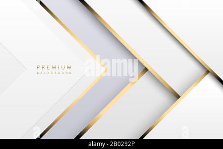 Contesto tecnologico del lusso vettoriale. Pila di carta bianca strato di materiale con striscia d'oro. Carta da parati con luce premium a forma di freccia. Illustrazione Vettoriale