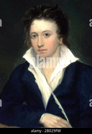 Inghilterra/Regno Unito: Percy Bysshe Shelley (4 agosto 1792 - 8 luglio 1822), poeta, radicale, utilizzatore di oppio. Pittura a olio su tela di Alfred Clint (1807-1883) dopo Amelia Curran (1775-1847), c. 1829. Percy Bysshe Shelley è stato uno dei maggiori poeti romantici inglesi ed è considerato dalla critica come uno dei migliori poeti lirici in lingua inglese. Radicale nella sua poesia e nelle sue opinioni politiche e sociali, Shelley non raggiunse la fama durante la sua vita, ma il riconoscimento per la sua poesia crebbe costantemente dopo la sua morte. Foto Stock