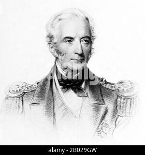 Inghilterra/Regno Unito: Vice ammiraglio Michael Seymour (1802-1877), comandante in capo delle Indie orientali e della stazione cinese durante la seconda guerra dell'oppio (1856-1860). Ritratto inciso di Francis Holl (1815-1884), c. 1880 Michael Seymour entrò nella Royal Navy nel 1813. Fu nominato tenente nel 1822, comandante nel 1824 e fu nominato capitano nel 1826. Il 19 febbraio 1856 fu nominato comandante in capo delle Indie Orientali e della stazione cinese. Issando la sua bandiera sulla HMS Calcutta, condusse le operazioni derivanti dall'attacco alla British Coaster Arrow e aiutò a distruggere la flotta cinese nel giugno 1857. Foto Stock
