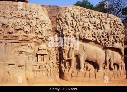 La Penitenza di Arjuna (conosciuta anche come "Descent of the Ganges") è un gigantesco rilievo di roccia che raffigura molte creature semi-divine e divine, nonché divinità e alcune raffigurazioni molto naturalistiche di animali. Risale al 7th secolo CE. Mahabalipuram, conosciuto anche come Mamallapuram (Tamil: மாமல்லபுரம்) è un'antica città storica ed è stato un vivace porto marittimo fin dal 1st secolo CE. Nel 7th Secolo fu la principale città portuale della dinastia Pallava dell'India meridionale. I monumenti storici visti oggi sono stati costruiti in gran parte tra il 7th e il 9th secolo CE. Foto Stock