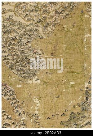 Originariamente di proprietà di John Selden, avvocato e studioso storico e linguistico di Londra, la 'elden Map' fu depositata presso la Bodleian Library nel 1659. Risalente al tardo Ming, mostra Cina, Corea, Giappone, Filippine, Indonesia, Sud-Est asiatico e India meridionale. Le rotte di navigazione con cuscinetti a bussola dal porto di Quanzhou sono date per l'intera regione. Un pannello di testo cinese sulla sinistra della mappa vicino a Calicut ad ovest fornisce indicazioni sulle rotte per Aden, Oman e lo stretto di Hormuz. Questa è la prima mappa cinese per mostrare le rotte di spedizione, e anche a. Foto Stock