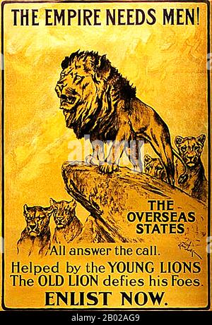 Regno Unito: Imperial poster Calling for Colonial recruitment by Arthur Wardle (1864-1949), 1915. L'Impero britannico comprendeva i domini, le colonie, i protettorati, i mandati e altri territori governati o amministrati dal Regno Unito. Ha avuto origine con le colonie d'oltremare e le stazioni commerciali istituite dall'Inghilterra tra la fine del XVI e l'inizio del XVII secolo. Al suo apice, fu il più grande impero della storia e, per oltre un secolo, fu la principale potenza globale. Nel 1922 l'Impero britannico dominava circa 458 milioni di persone, un quinto della popolazione mondiale dell'epoca. Foto Stock