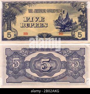 Birmania/Myanmar: Denaro di occupazione giapponese della seconda guerra mondiale. Banconota da cinque rupie emessa c. 1942. Un importante campo di battaglia, la Birmania fu devastata durante la seconda guerra mondiale. Nel marzo 1942, pochi mesi dopo l'entrata in guerra, le truppe giapponesi avanzarono su Rangoon e l'amministrazione britannica era collassata. Un'amministrazione esecutiva birmana guidata da Ba Maw fu istituita dai giapponesi nell'agosto 1942. I chindits britannici di Wingate furono formati in gruppi di penetrazione a lungo raggio addestrati ad operare in profondità dietro le linee giapponesi. Un'unità americana simile, i Marauders di Merrill, seguì i Chindits nella giungla Foto Stock
